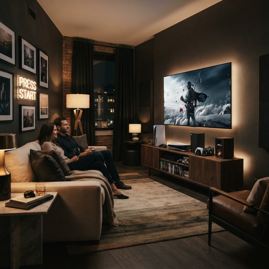 A sophisticated gaming lounge with a large screen and console