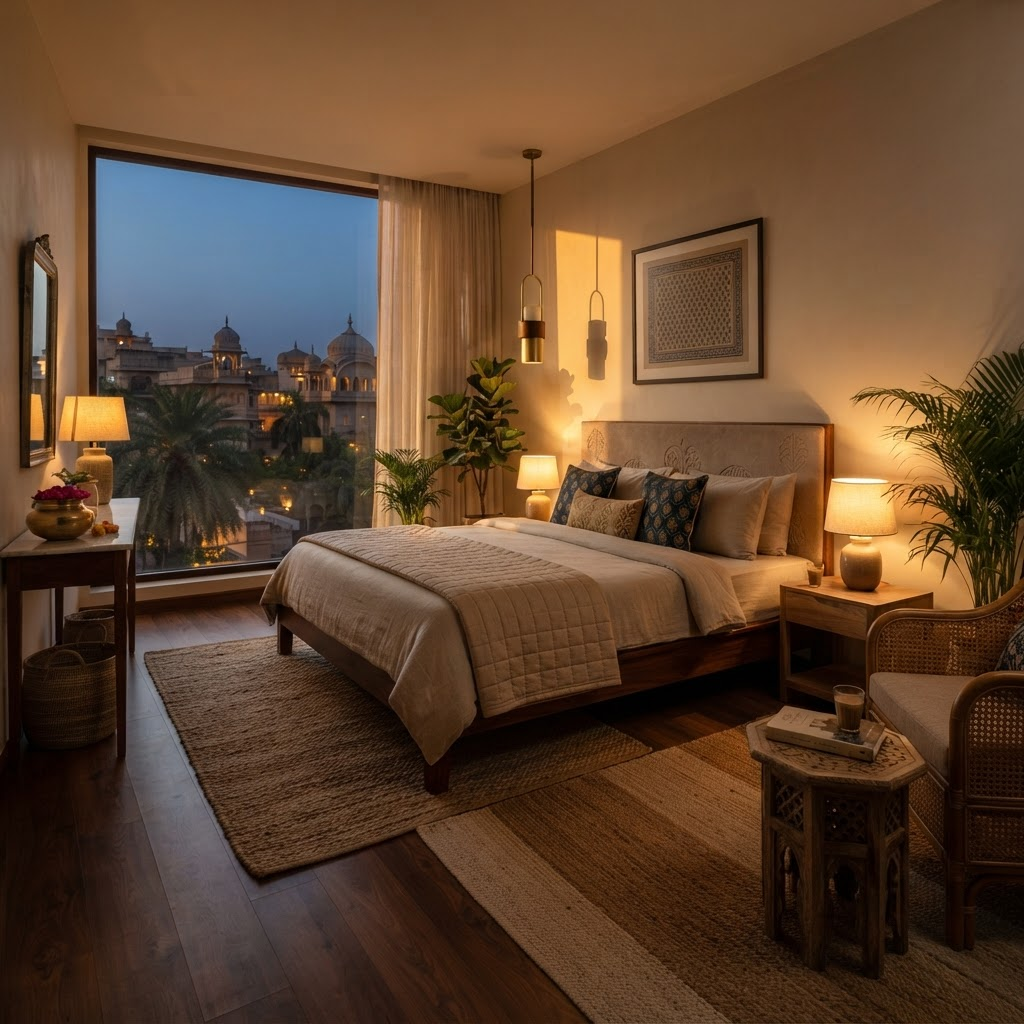 A warm boutique bedroom at dusk