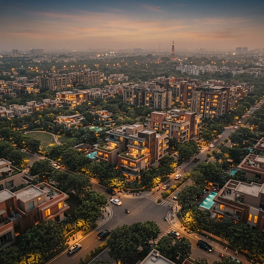 Aerial dusk view of the Noida Extension neighbourhood